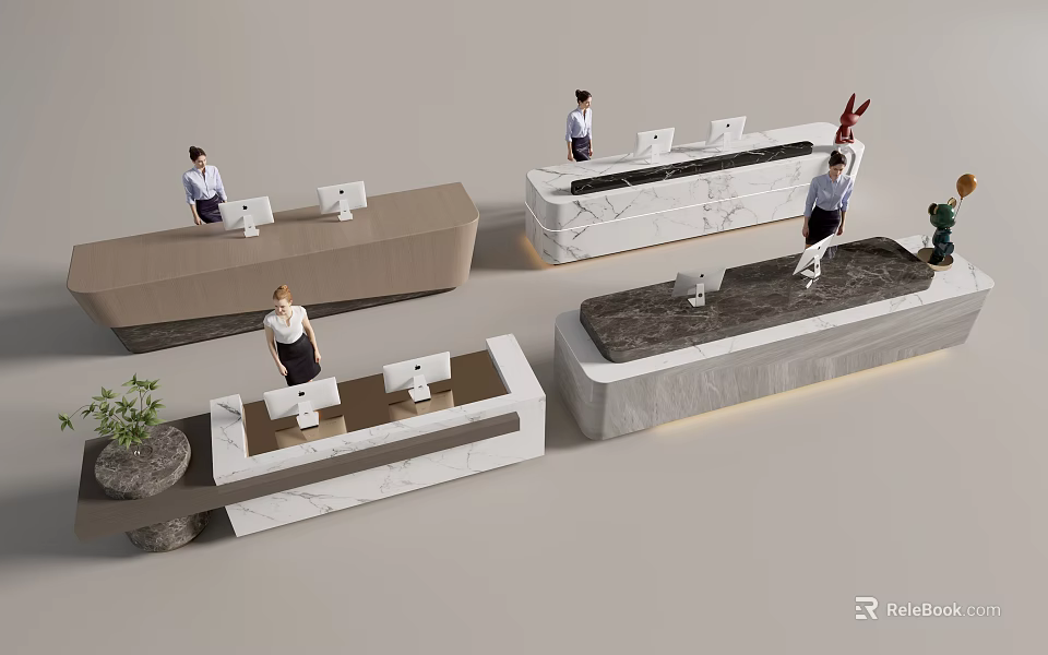 Modern Reception Desks With Marble Countertops Staff Computers And Plant Decorations 3d model 