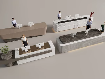 Modern Reception Desks With Marble Countertops Staff Computers And Plant Decorations 3d model