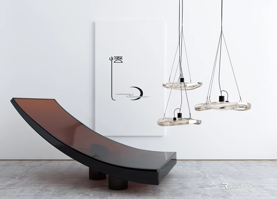 Modern Single Chair With Curved Silhouette Wall Art And Hanging Pendant Lights 3d model 