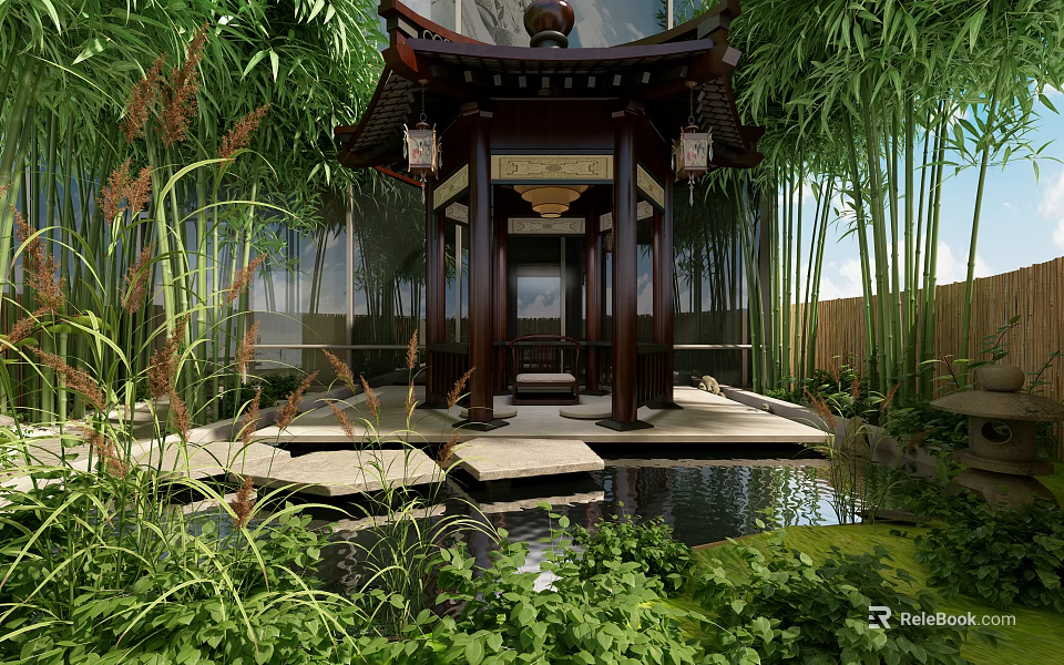 Traditional Chinese Garden Pavilion With Bamboo Forest Pond Stone Path Lanterns And Green Plants 3d model 