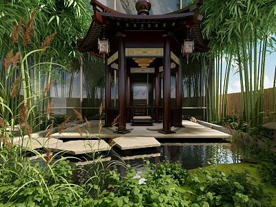 Traditional Chinese Garden Pavilion With Bamboo Forest Pond Stone Path Lanterns And Green Plants 3d model