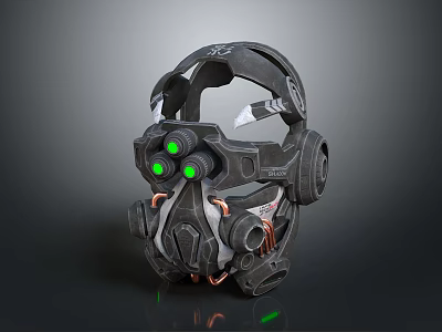 Futuristic Helmet With Mechanical Design Green Lights And Black Gray Body Structure 3d model
