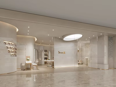 Elegant Modern Beauty Hair Salon Interior Design With Marble Circular Lighting And Display Shelves 3d model