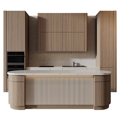 Modern Kitchen Wooden Cabinets With Island Counter And Quartz Top Interior Design 3d model