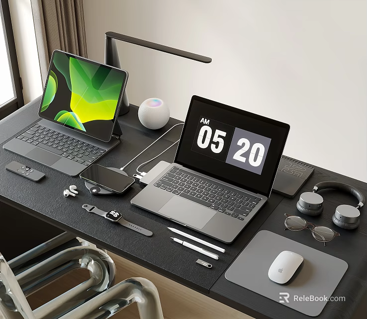 Modern Laptops With Green Screen And Clock On Desk Setup With Speaker Headphones Mouse Accessories 3d model 