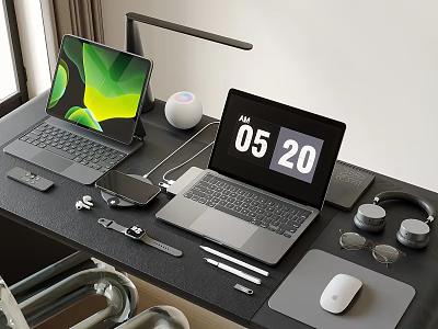 Modern Laptops With Green Screen And Clock On Desk Setup With Speaker Headphones Mouse Accessories 3d model