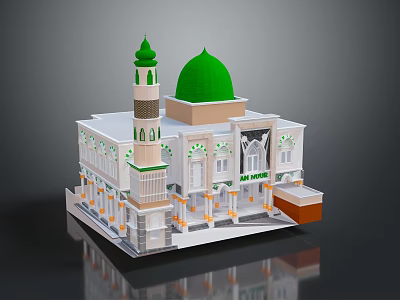 Traditional Mosque Architecture With Green Dome White Minaret Decorative Windows And Arched Columns 3d model