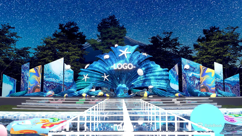 Starry Night Event Stage Design With Shell Structure LOGO Ocean Elements And Trees 3d model 
