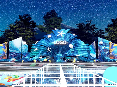 Starry Night Event Stage Design With Shell Structure LOGO Ocean Elements And Trees 3d model