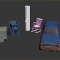 Gray Trash Bin Blue Recycling Bin White Column Rocking Chair And Vintage Car