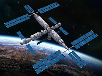 Futuristic Space Station With Solar Panels Orbiting Earth In Sci Fi Scene 3d model