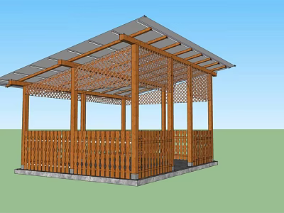 Wooden Pavilion Featuring Open Air Design Lattice Railings And Sloped Roof Structure 3d model