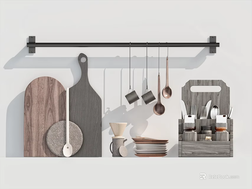 Stylish Kitchen Cooking Utensils with Hanging Rod Wooden Cutting Board Stacked Plates and Storage Organizer 3d model 