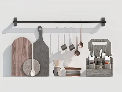Stylish Kitchen Cooking Utensils with Hanging Rod Wooden Cutting Board Stacked Plates and Storage Organizer 3d model