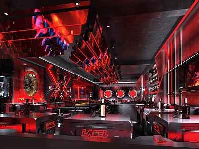 Sleek Bar Interior Featuring Red Lighting Black Decor Bar Counter And Drink Shelves 3d model