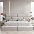 Modern Double Bed With Upholstered Headboard Nightstands Soft Bedding And Decorative Items