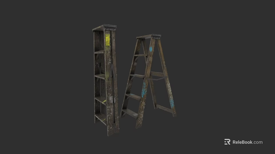 Old Metal Staircase With Chipped Paint Yellow Blue Spots And A Frame Design 3d model 