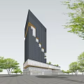 Modern High Rise Office Building With Glass Curtain Wall And Unique Terraced Design