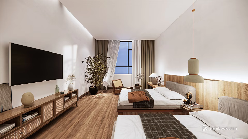 Modern Hotel Room Interior With Twin Beds Wooden Flooring TV And Green Plant 3d model 