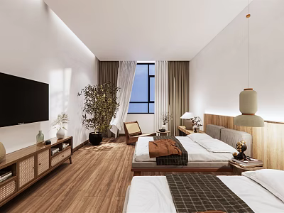 Modern Hotel Room Interior With Twin Beds Wooden Flooring TV And Green Plant 3d model