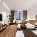 Modern Hotel Room Interior With Twin Beds Wooden Flooring TV And Green Plant