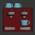 Red Electric Coffee Machine With Dual Blue Cups On Top And Single Cup Below