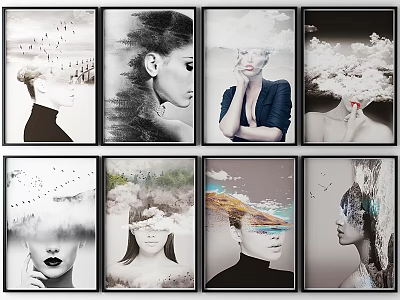 Modern Framed Portrait Paintings with Abstract Natural Elements Black White and Color Designs 3d model