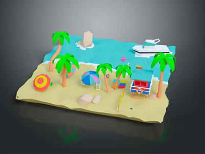 Cartoon Beach Scene With Palm Trees Colorful Umbrella White Boat And Lifeguard Hut 3d model