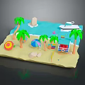 Cartoon Beach Scene With Palm Trees Colorful Umbrella White Boat And Lifeguard Hut