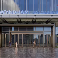 Modern Wyndham Hotel Building Facade With Glass Curtain Wall And Metal Framing Entrance