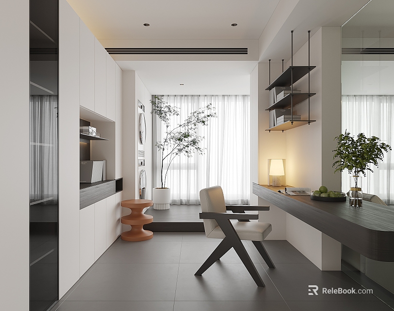 Modern Study Room Interior Design With White Cabinets Gray Flooring Desk Chair And Potted Plant 3d model 