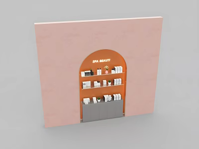 Spa Beauty Multi Tiered Display Shelf with Arched Opening Pink Background White Boxes Green Plants 3d model