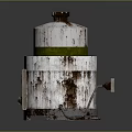 Rusted Metal Cylindrical Industrial Equipment with Top Lid and Connected Wire on Reflective Surface