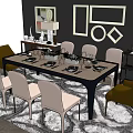 Modern Dining Table Set With Chairs Geometric Wall Art And Decorative Items On Dark Wall 3d model