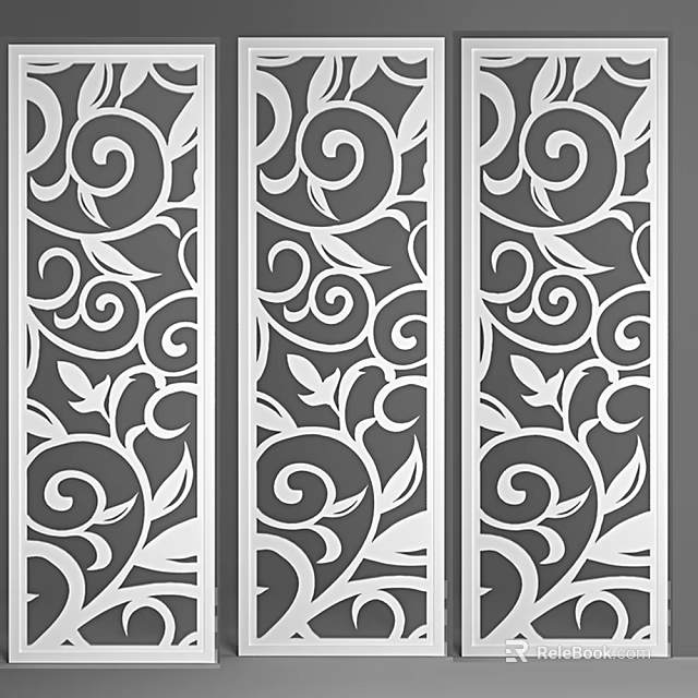 Decorative Three Panel Room Divider With Intricate Scroll And Leaf Patterns 3d model 