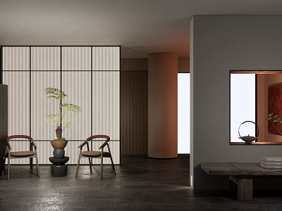 Hotel Public Lounge Area With Wooden Chairs Potted Plant Sliding Panel Screen And Minimalist Design 3d model
