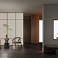 Hotel Public Lounge Area With Wooden Chairs Potted Plant Sliding Panel Screen And Minimalist Design