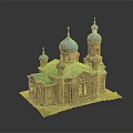 Traditional European Architecture With Blue Domes Green Roof Tower And Brick Red Walls
