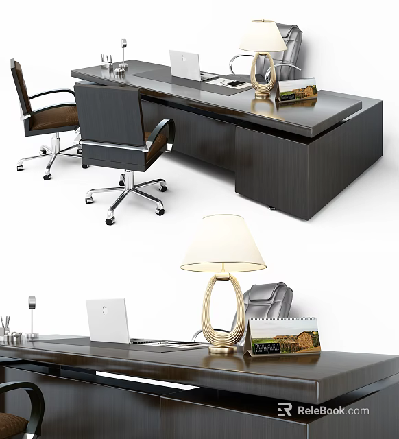 Modern Wooden Office Desk With Office Chair Laptop Table Lamp And Documents 3d model 