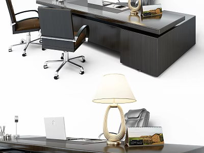 Modern Wooden Office Desk With Office Chair Laptop Table Lamp And Documents 3d model