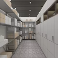 Modern Storage Room With Shelves Lockers And Organized Storage Boxes 3d model