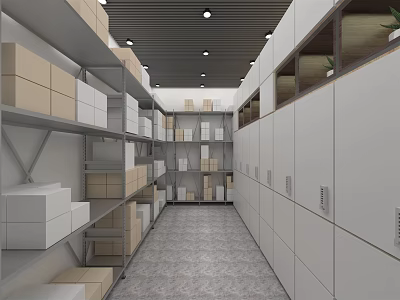 Modern Storage Room With Shelves Lockers And Organized Storage Boxes 3d model