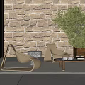 Woven Outdoor Chairs With Stone Wall Green Plant Small Table And Rug