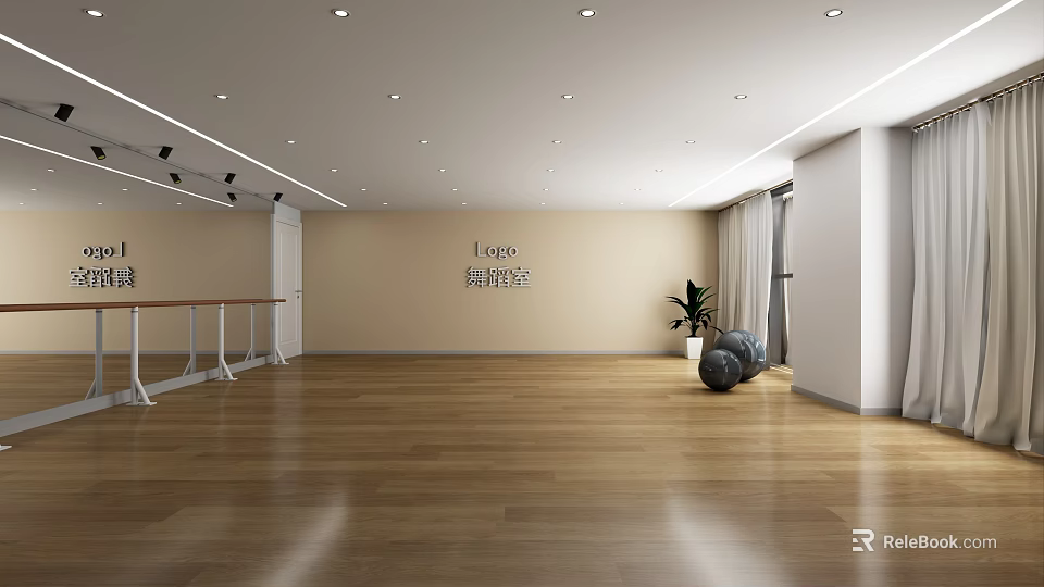 Spacious Bright Fitness Studio With Equipment And Plants 3d model 