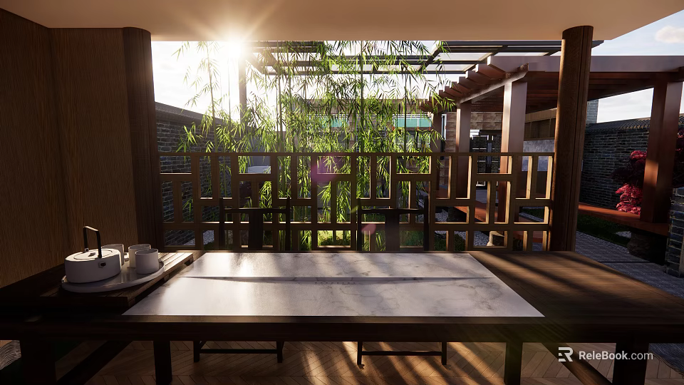 Sunlit Courtyard Garden Design With Wooden Lattice Fence Green Plants Table And Sunlight Shadows 3d model 