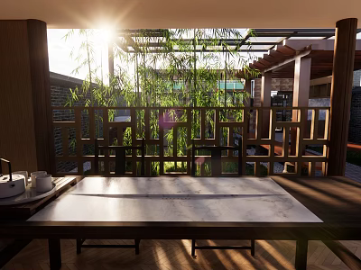 Sunlit Courtyard Garden Design With Wooden Lattice Fence Green Plants Table And Sunlight Shadows 3d model