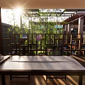 Sunlit Courtyard Garden Design With Wooden Lattice Fence Green Plants Table And Sunlight Shadows