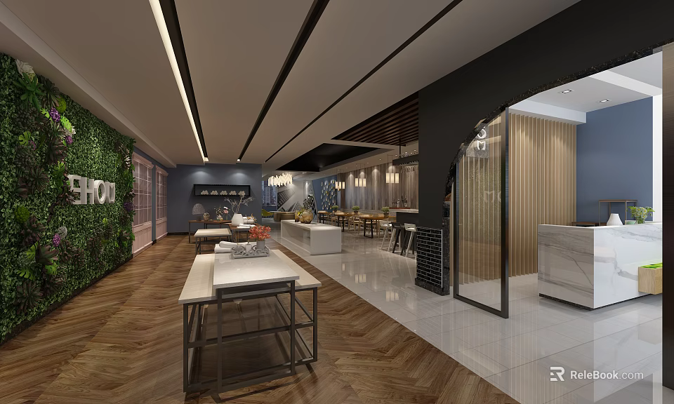 Modern Restaurant Interior With Green Plant Wall Herringbone Wooden Flooring And Marble Countertop Dining Tables 3d model 