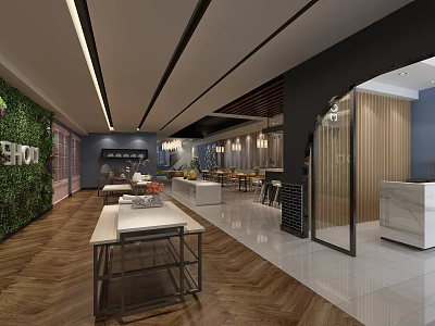 Modern Restaurant Interior With Green Plant Wall Herringbone Wooden Flooring And Marble Countertop Dining Tables 3d model