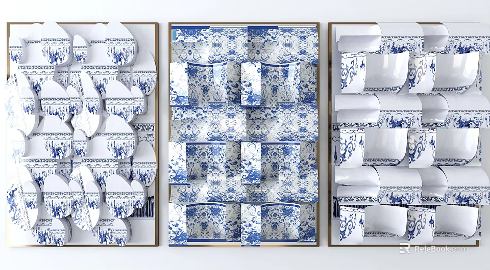 Triple Panel 3D Wall Decor with Traditional Blue and White Intricate Patterns 3d model 